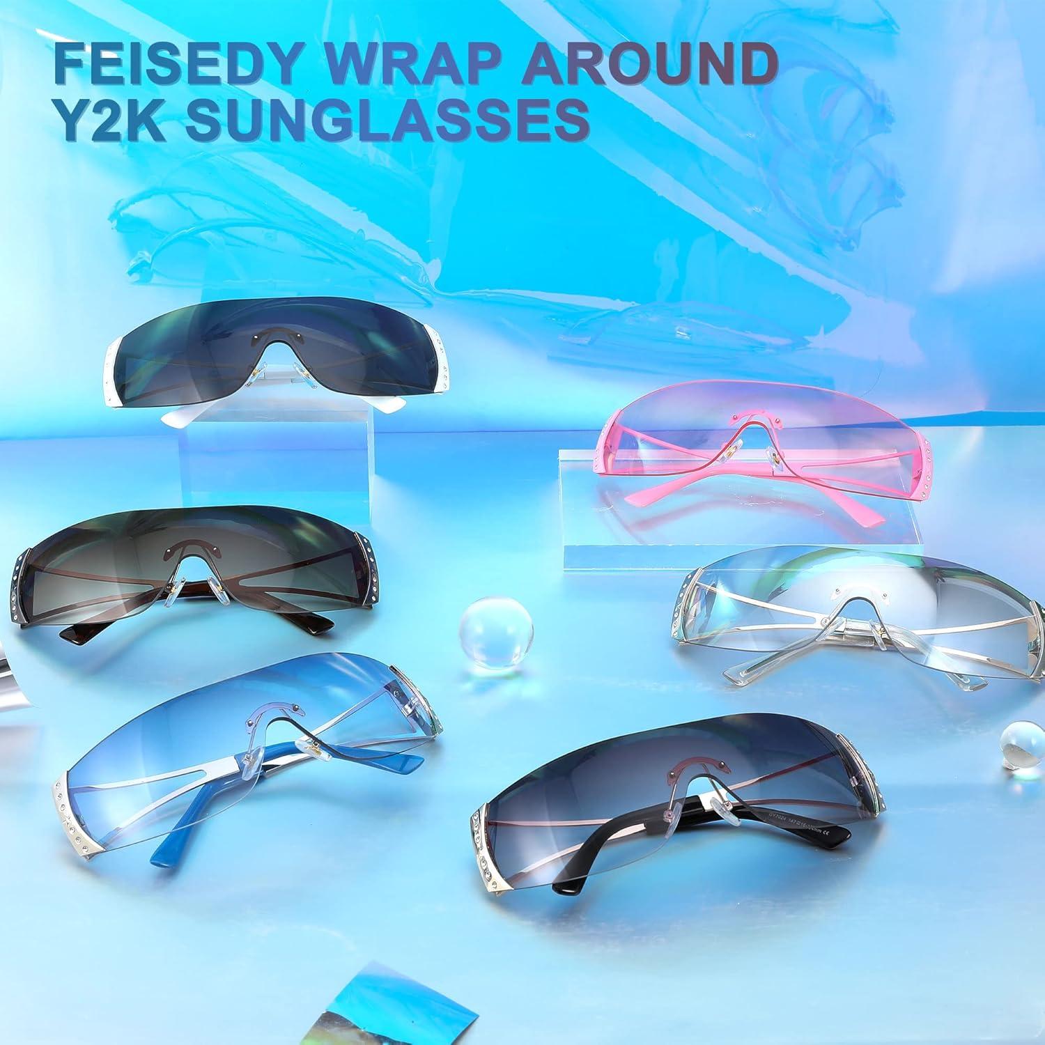 imageFEISEDY Rimless Y2K Sunglasses for Women Men Fashion Futuristic Wrap Around Oversized Trendy Shield B9073Gradient Grey