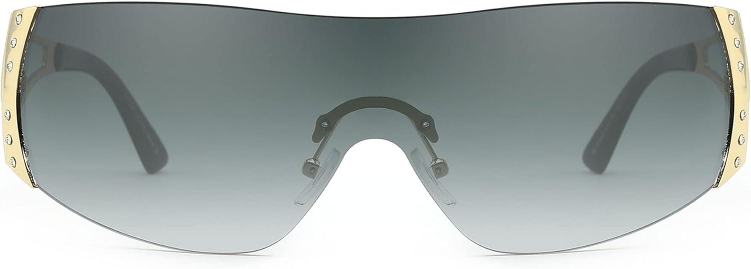 imageFEISEDY Rimless Y2K Sunglasses for Women Men Fashion Futuristic Wrap Around Oversized Trendy Shield B9073Gradient Grey