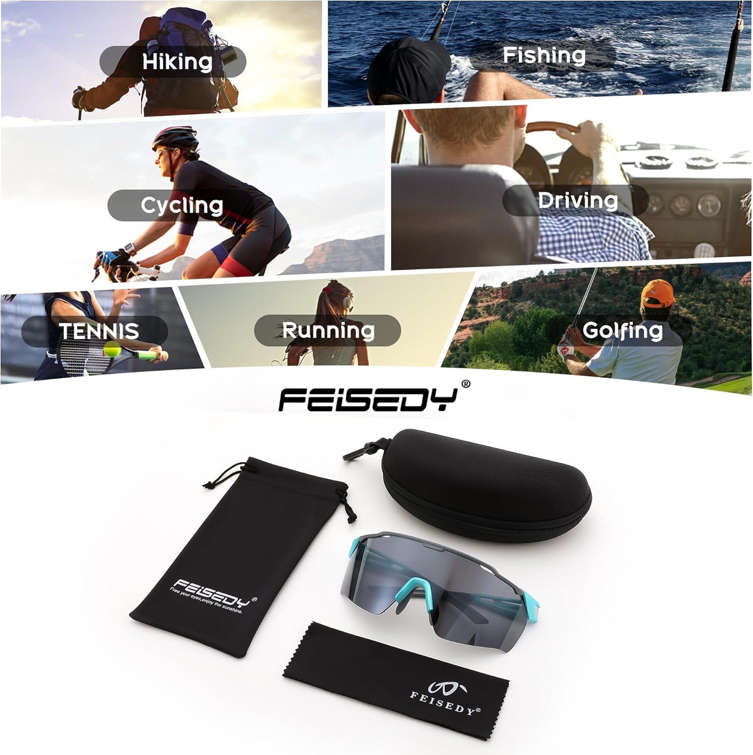 imageFEISEDY Sports Sunglasses for Men WomenDriving Fishing Cycling Mountain Sunglasses UV400 Protection B014902 Blue Frame Grey Lens