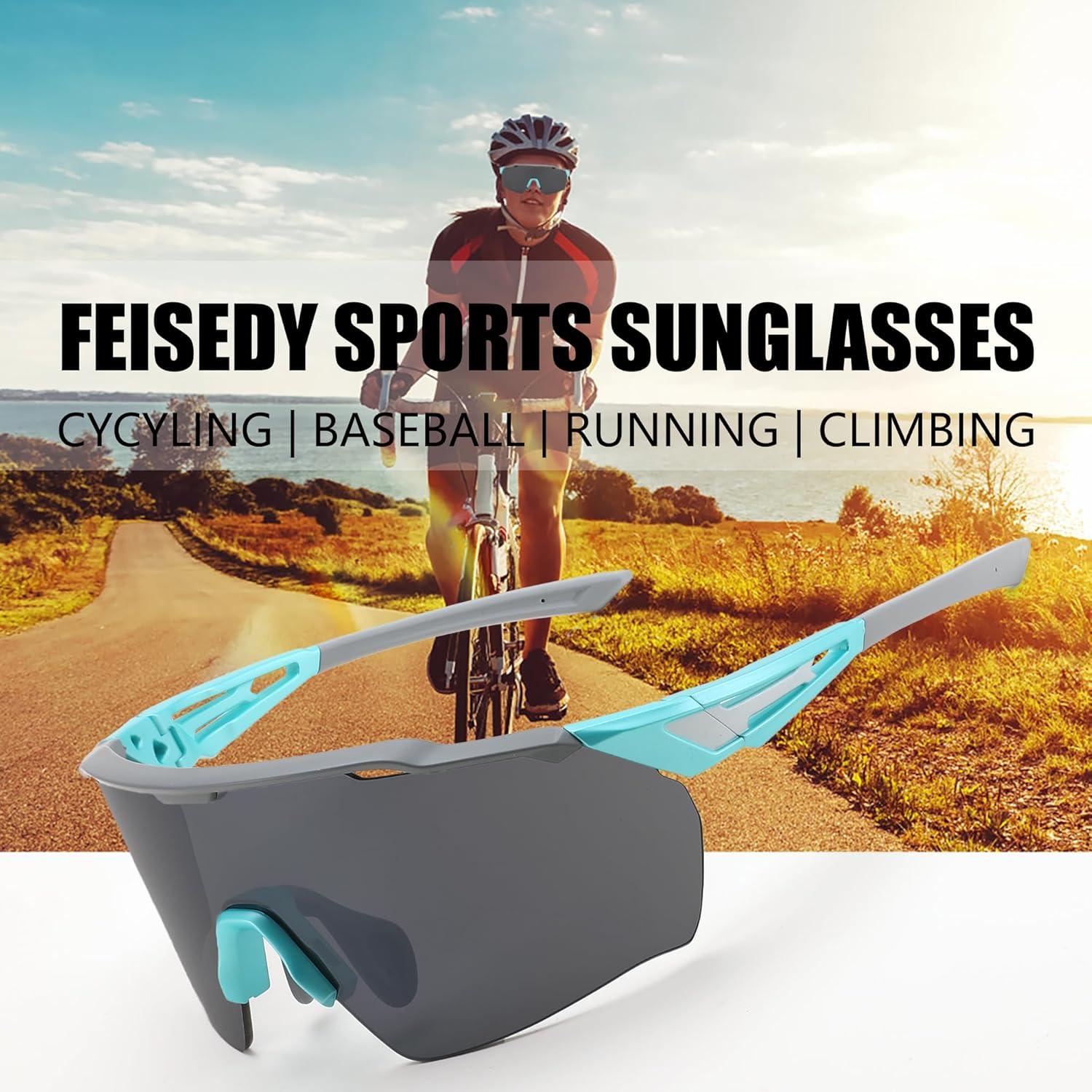 imageFEISEDY Sports Sunglasses for Men WomenDriving Fishing Cycling Mountain Sunglasses UV400 Protection B014902 Blue Frame Grey Lens