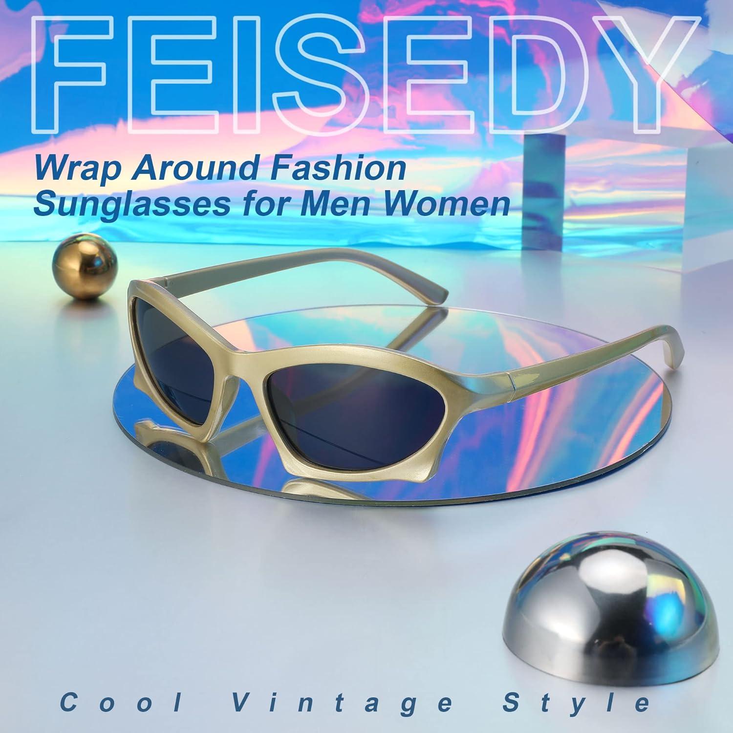 imageFEISEDY Wrap Around Fashion Sunglasses for Women Men Vintage Trendy Y2K Sunglasses Cool Bat Sport Sun Glasses B2335002 Yellow FrameGray Lens