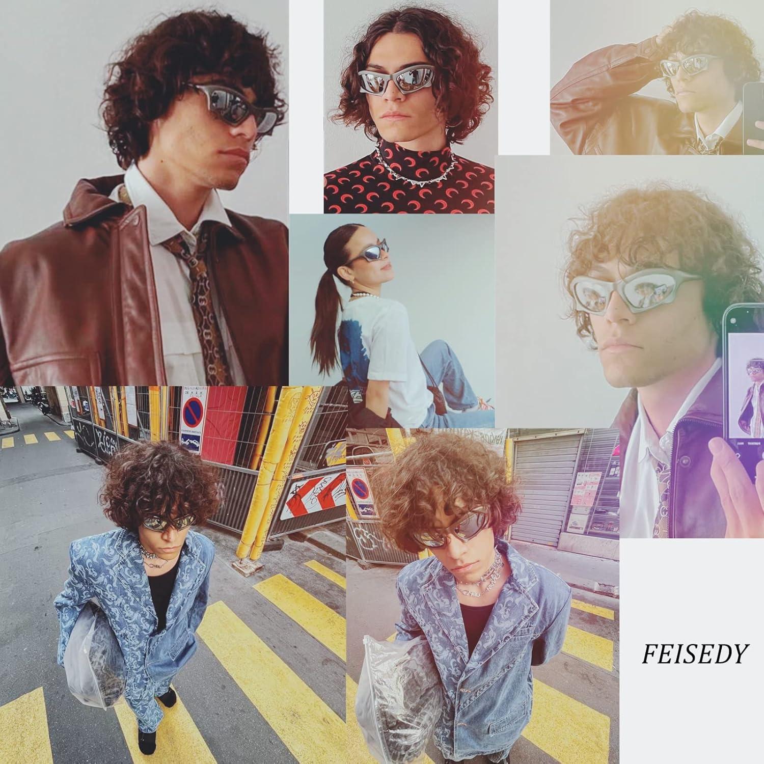 imageFEISEDY Wrap Around Fashion Sunglasses for Women Men Vintage Trendy Y2K Sunglasses Cool Bat Sport Sun Glasses B2335002 Yellow FrameGray Lens