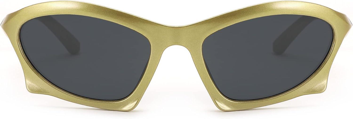 imageFEISEDY Wrap Around Fashion Sunglasses for Women Men Vintage Trendy Y2K Sunglasses Cool Bat Sport Sun Glasses B2335002 Yellow FrameGray Lens