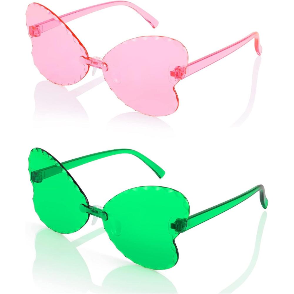 imageFEISEDY 2 Pack Kids Rimless Butterfly Shaped Sunglasses Girls and Boys One Piece Transparent Trendy Cute Glasses B4070F2