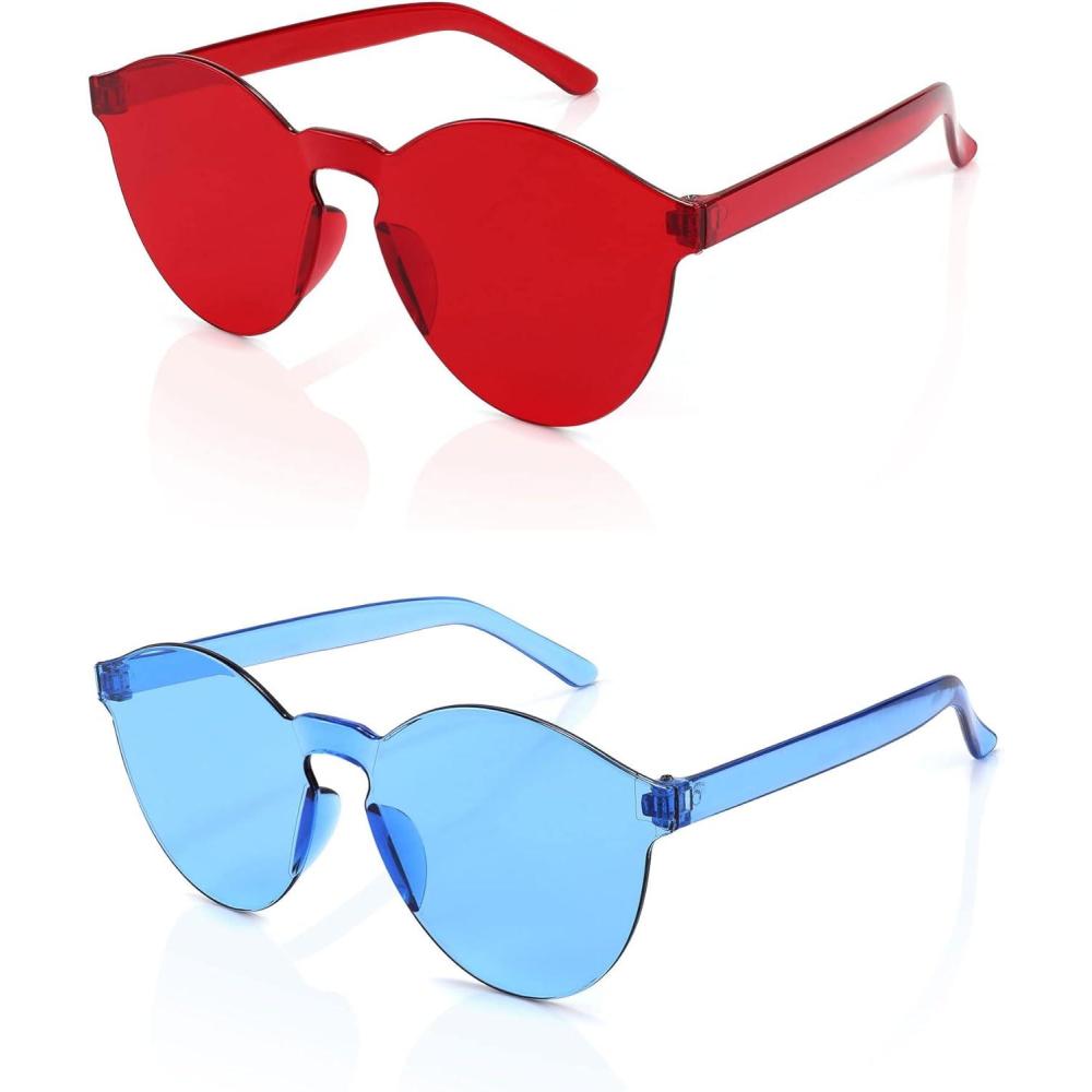 imageFEISEDY 2 Pack Rimless Round Shaped Sunglasses Women One Piece Transparent Candy Color Cute Glasses B2230Red Blue