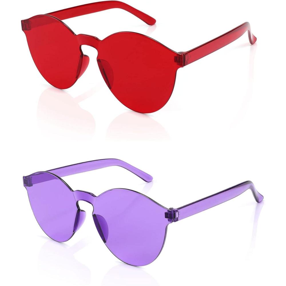 imageFEISEDY 2 Pack Rimless Round Shaped Sunglasses Women One Piece Transparent Candy Color Cute Glasses B2230Red Purple