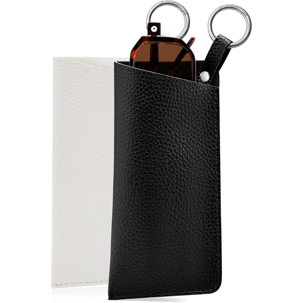 imageFEISEDY 2Pack Portable Glasses Case with Clip Hook Soft Leather Eyeglass case Bag Slim Sunglasses Pouch B0313Black White