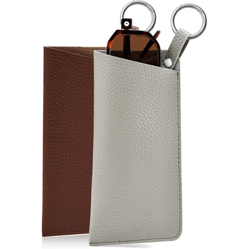 imageFEISEDY 2Pack Portable Glasses Case with Clip Hook Soft Leather Eyeglass case Bag Slim Sunglasses Pouch B0313Grey Brown