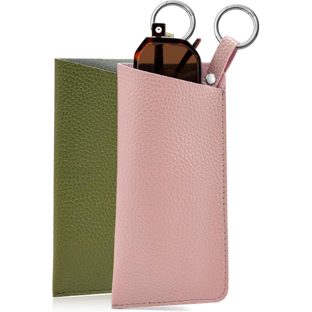 imageFEISEDY 2Pack Portable Glasses Case with Clip Hook Soft Leather Eyeglass case Bag Slim Sunglasses Pouch B0313Pink Green