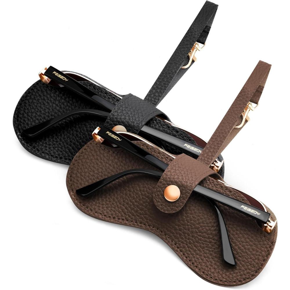 imageFEISEDY 2Pack Soft Leather Sunglass CaseSlim Portable Glasses Holder with ButtonClosure Wrist Strap for Travel ampamp Outdoor B0308Blackkhaki