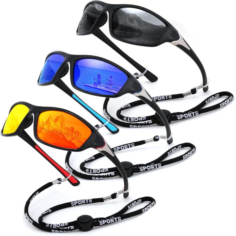 imageFEISEDY 3 Pack Polarized Sports Sunglasses for Men Wrap Around Frame UV400 Protection Fishing Driving Cycling B26743packblackdeep Bluered