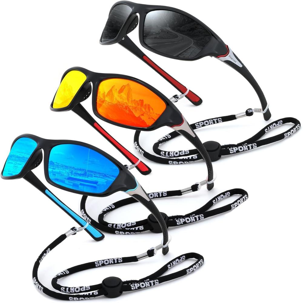 imageFEISEDY 3 Pack Polarized Sports Sunglasses for Men Wrap Around Frame UV400 Protection Fishing Driving Cycling B26743packblackredblue