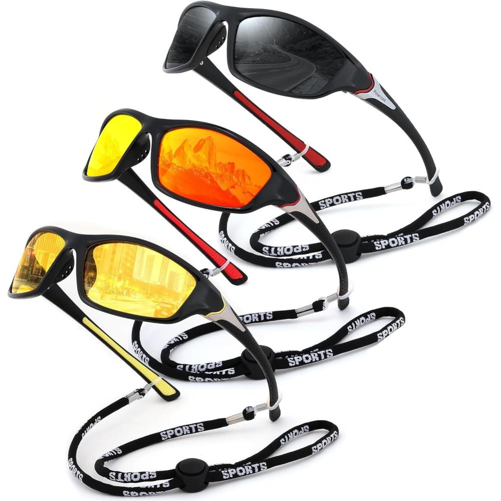 imageFEISEDY 3 Pack Polarized Sports Sunglasses for Men Wrap Around Frame UV400 Protection Fishing Driving Cycling B26743packblackredyellow