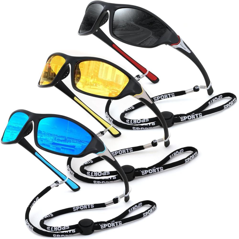 imageFEISEDY 3 Pack Polarized Sports Sunglasses for Men Wrap Around Frame UV400 Protection Fishing Driving Cycling B26743packblackyellowblue