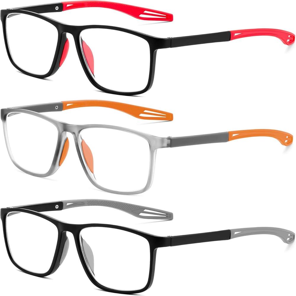 imageFEISEDY 3 Packs Blue Light Reading Glasses for Men Sports Style TR90 Readers Classic Lightweight Eyeglasses B0336Gray Orange Red