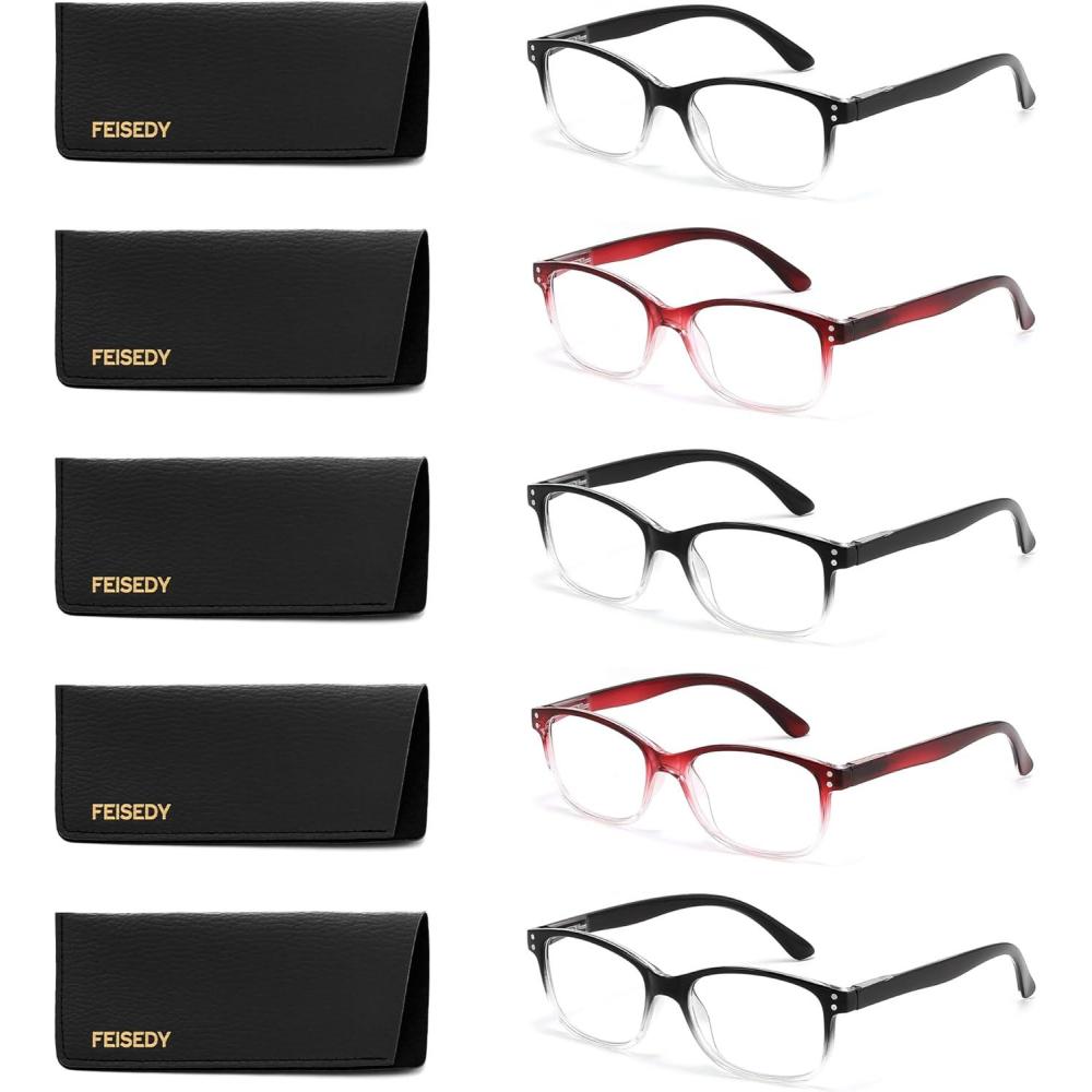 imageFEISEDY 5 Pack Rectangular Classic Reading Glasses for Men Woman Lightweight Spring Hinge Readers B03003 Gradual Black 2 Gradual Red