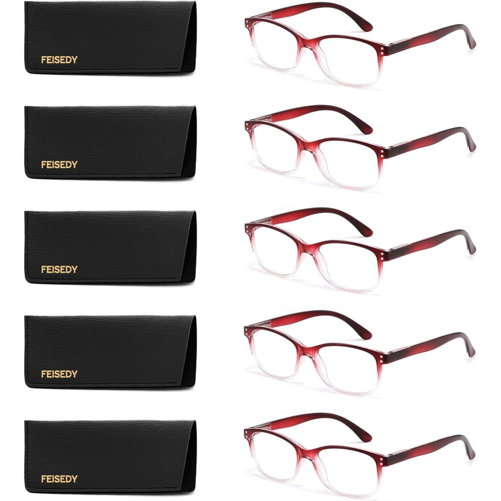 imageFEISEDY 5 Pack Rectangular Classic Reading Glasses for Men Woman Lightweight Spring Hinge Readers B03005 Gradual Red