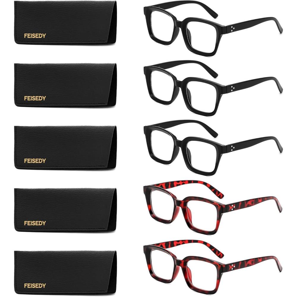 imageFEISEDY 5 Pack Retro Square Reading Glasses for Woman Men Classic Reader B02983 Black 2 Leopard