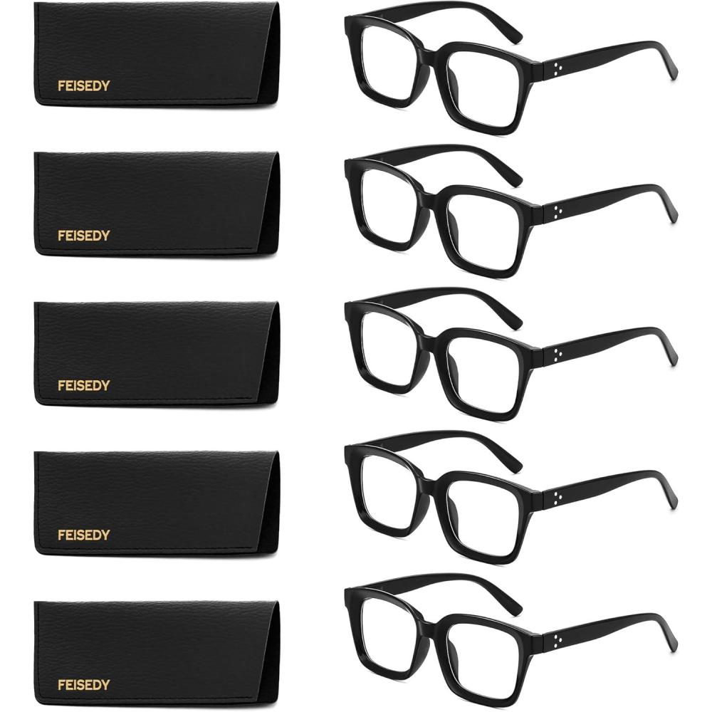 imageFEISEDY 5 Pack Retro Square Reading Glasses for Woman Men Classic Reader B02985 Black