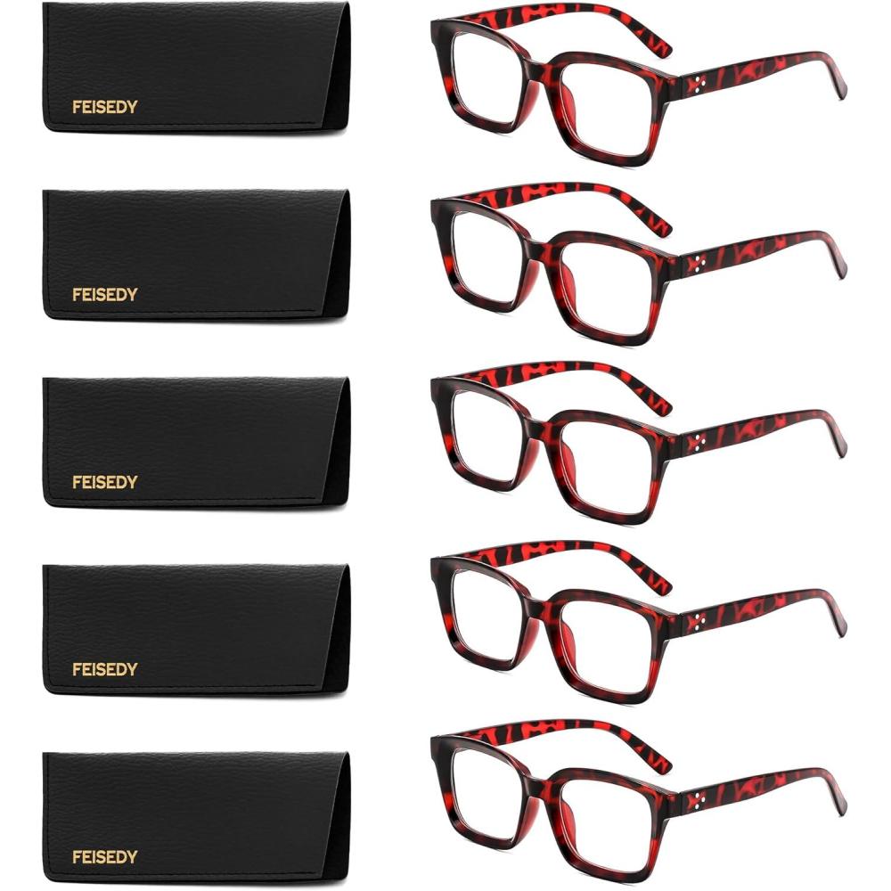 imageFEISEDY 5 Pack Retro Square Reading Glasses for Woman Men Classic Reader B02985 Leopard