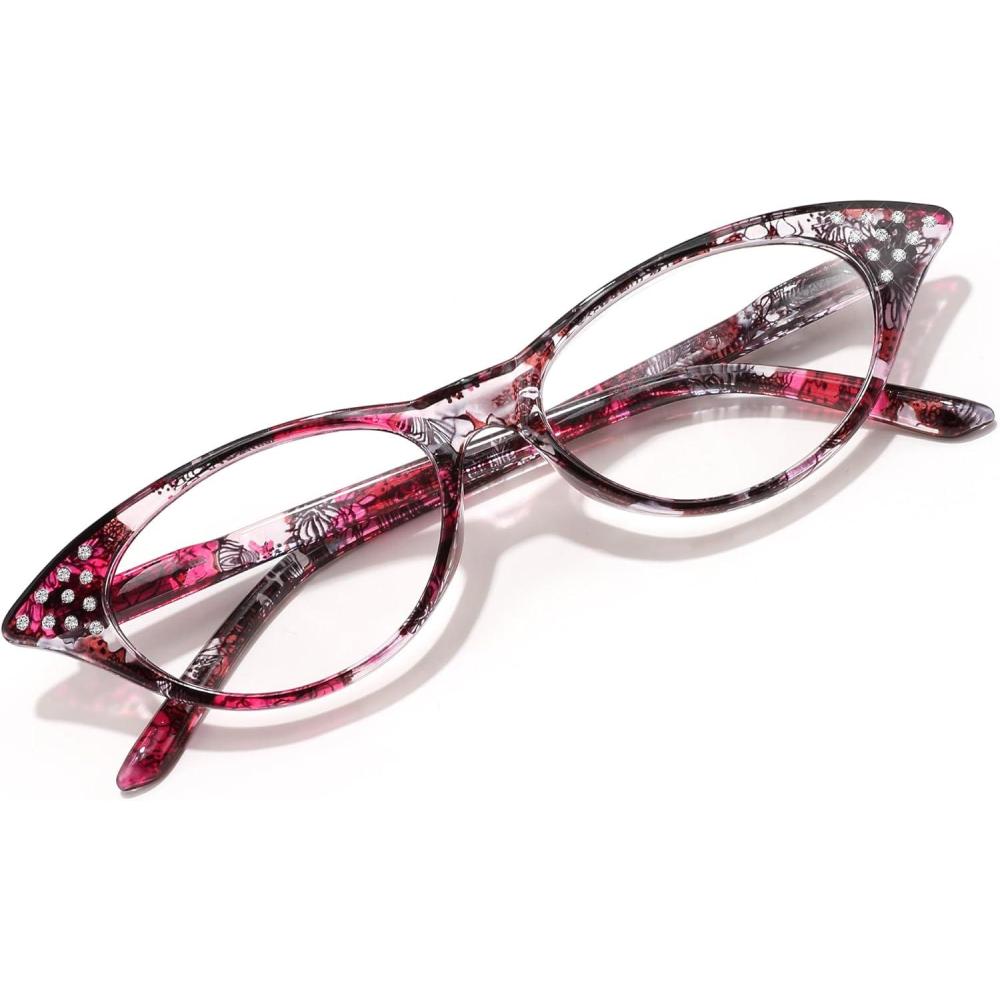 imageFEISEDY 50s Lightweight Cat Eye Reading Glasses for Women Retro Small Anti Glare Readers B0042Black and Red Stripes