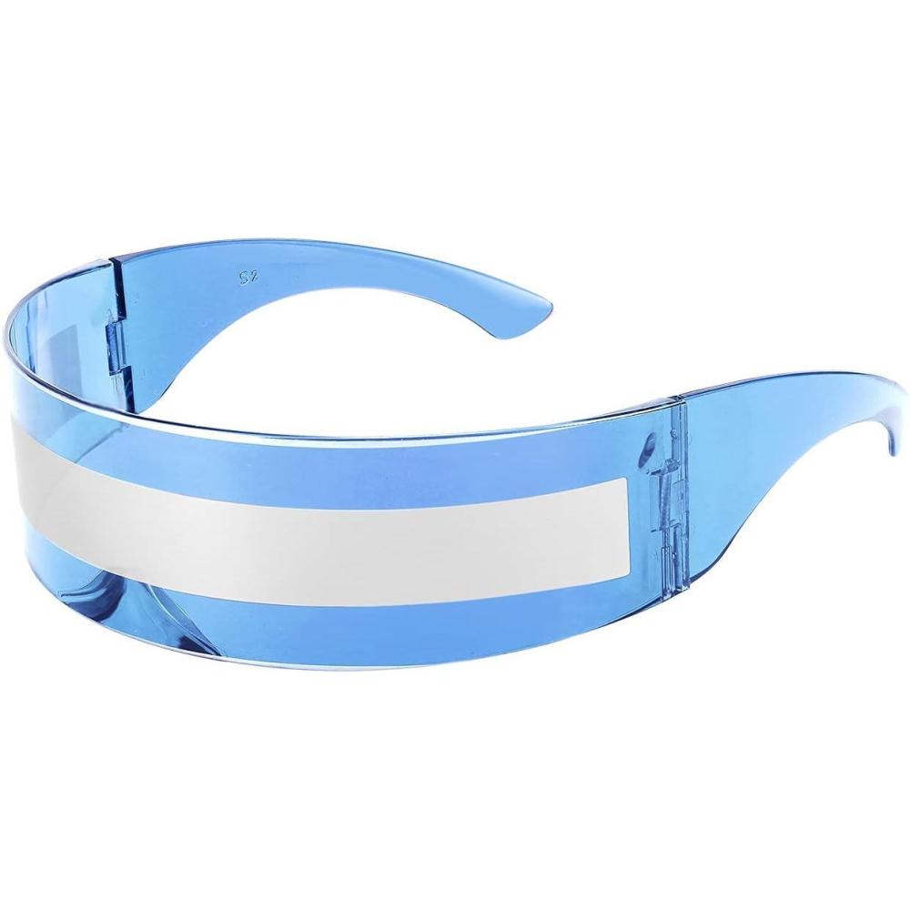 imageFEISEDY 80s Futuristic Cyclops Cyber Visor Sunglasses Men Women Punk Style Cosplay B2740Blue Silver Stripe