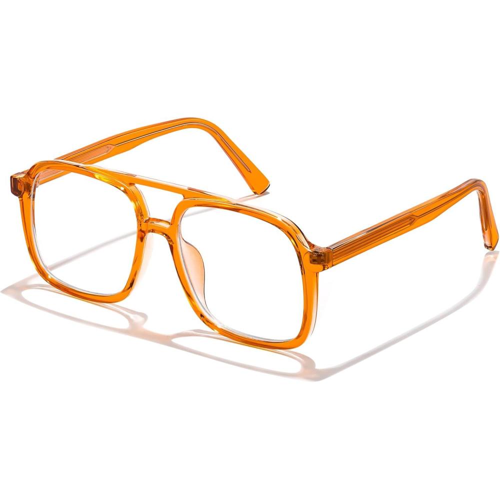 imageFEISEDY Aviator Blue Light Blocking Glasses Fake Nerd Clear Oversized Square Computer Glasses TR Frame B0158Transparent Orange Frame