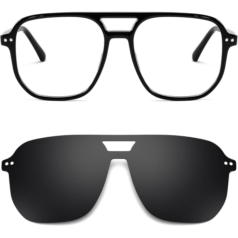 imageFEISEDY Aviator Eyewear Frames Polarized UV Protection Magnetic Clip on Sunglasses for Men Women Retro Clear Eyeglasses B0112