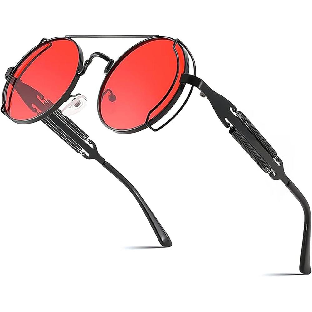 imageFEISEDY Aviator Sunglasses for Men Women Retro Steampunk Gothic Round Metal Frame Hippie Glasses B2351Black Frame With Red Lens and Black Leg