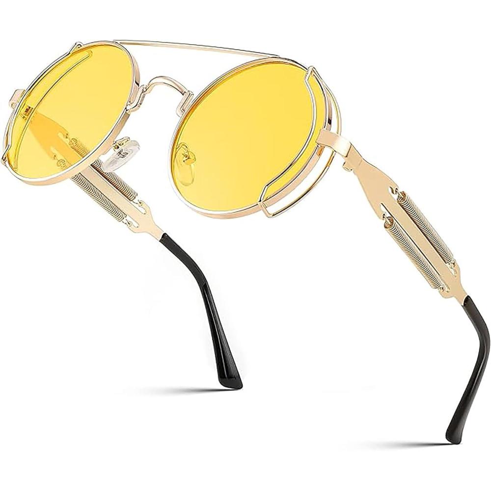 imageFEISEDY Aviator Sunglasses for Men Women Retro Steampunk Gothic Round Metal Frame Hippie Glasses B2351Gold Frame Yellow Lens