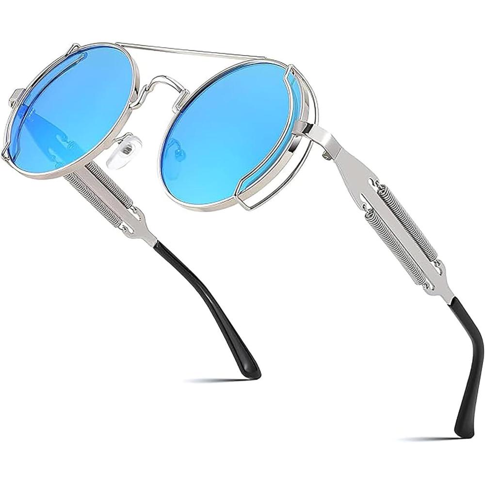 imageFEISEDY Aviator Sunglasses for Men Women Retro Steampunk Gothic Round Metal Frame Hippie Glasses B2351Silver Frame Blue and Silver Lenses With Silver Legs