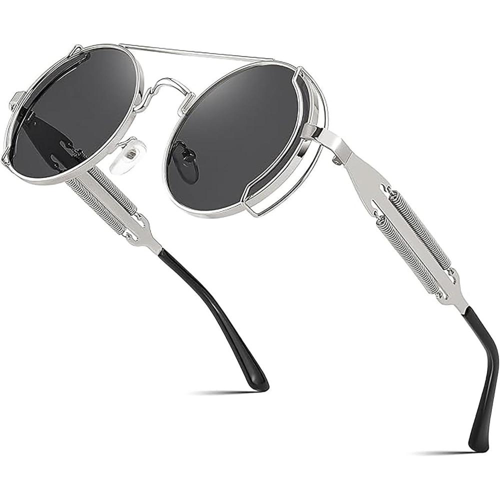 imageFEISEDY Aviator Sunglasses for Men Women Retro Steampunk Gothic Round Metal Frame Hippie Glasses B2351Silver Frame With Gray Lens and Silver Leg