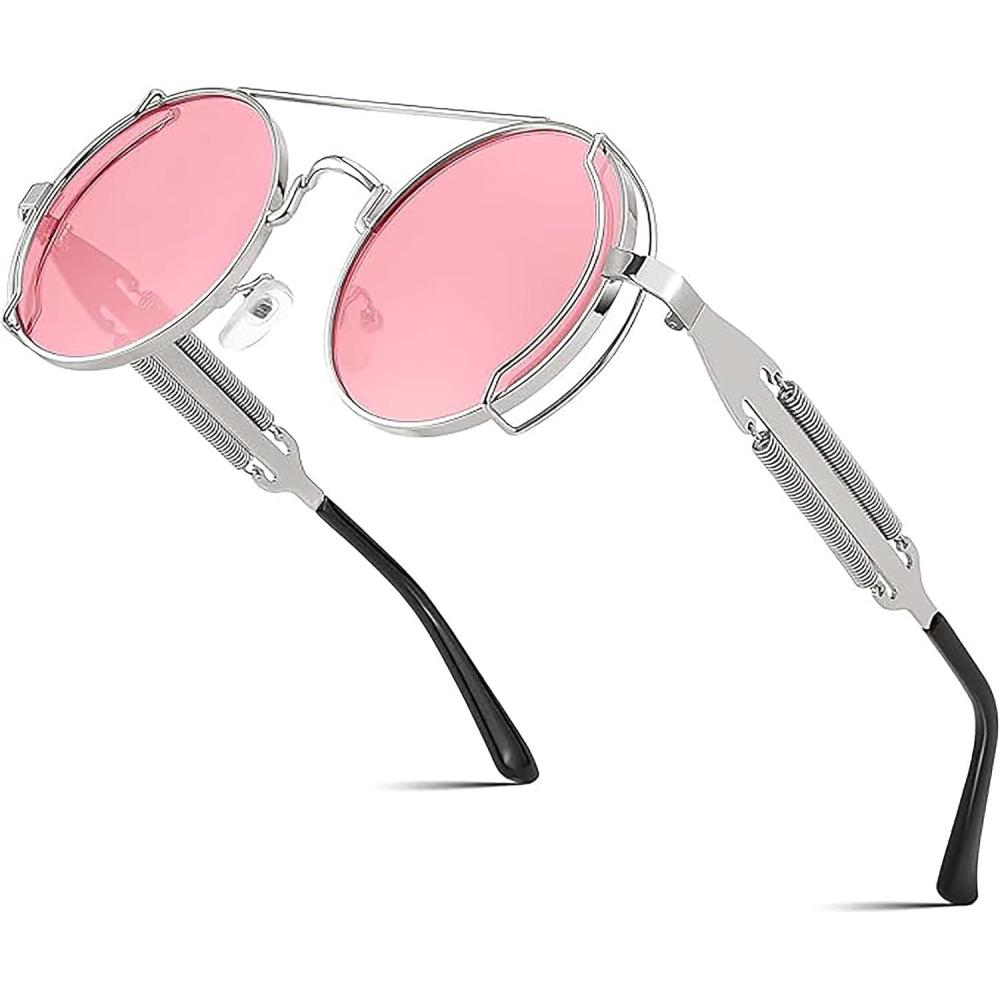 imageFEISEDY Aviator Sunglasses for Men Women Retro Steampunk Gothic Round Metal Frame Hippie Glasses B2351Silver Frame With Pink and Silver Lenses