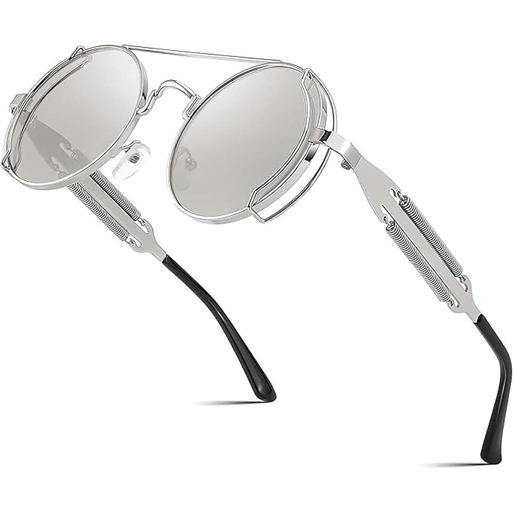 imageFEISEDY Aviator Sunglasses for Men Women Retro Steampunk Gothic Round Metal Frame Hippie Glasses B2351Silver Frame With White and Silver Lenses