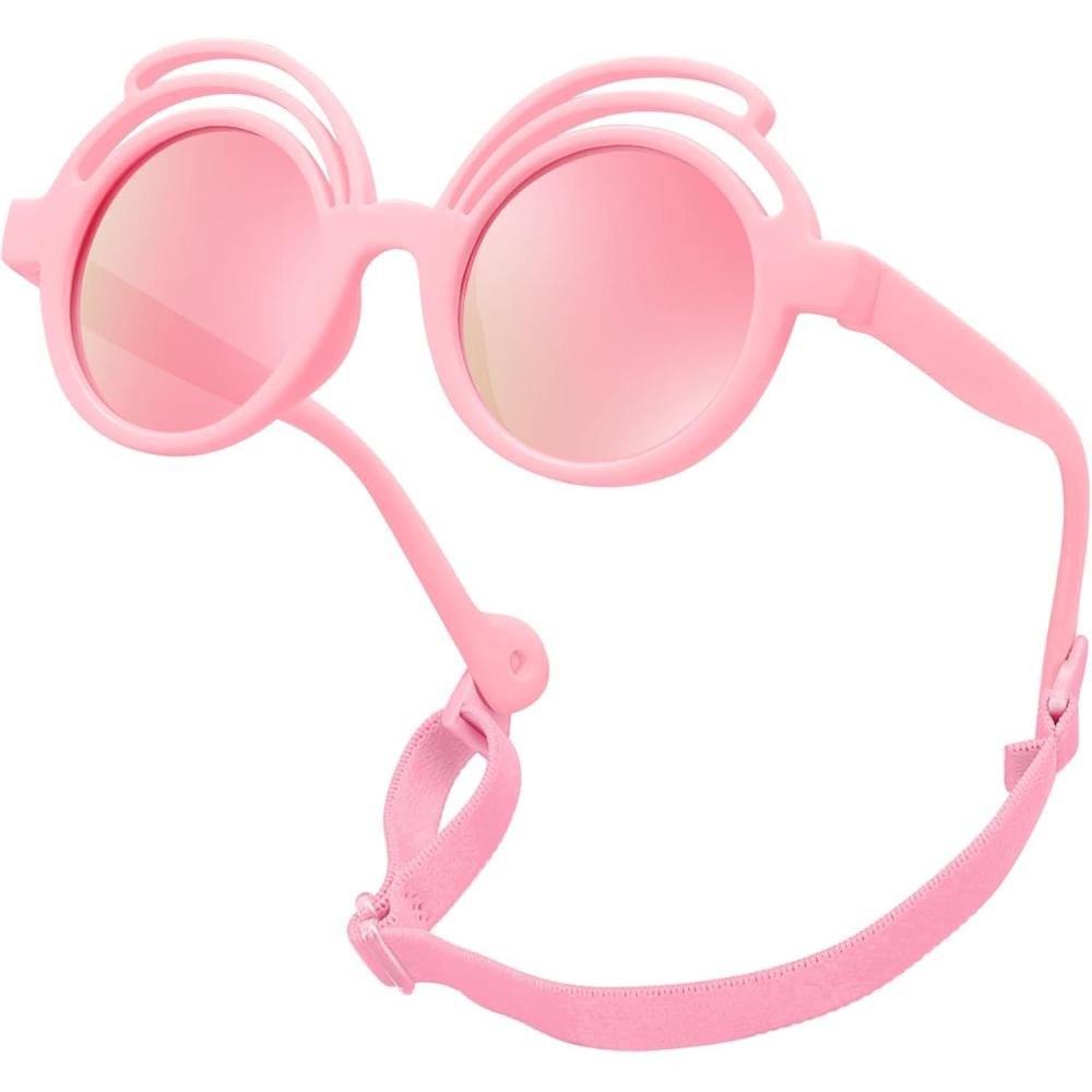 imageFEISEDY Baby Polarized Round Sunglasses Flexible Rubber Shades with Strap for Infant Toddler Newborn Age 024 Months B0060Pink Frame Pink Mirrored Lens
