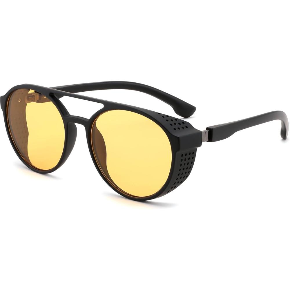 imageFEISEDY Classic Steampunk Sunglasses for Men Women Retro Round Gothic Shades Eyewear UV400 Protection B2957Black Frame Yellow Lens