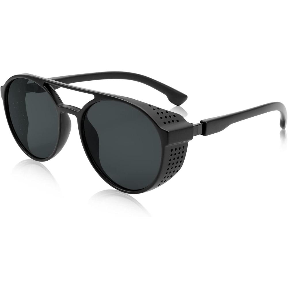 imageFEISEDY Classic Steampunk Sunglasses for Men Women Retro Round Gothic Shades Eyewear UV400 Protection B2957Grey Lens