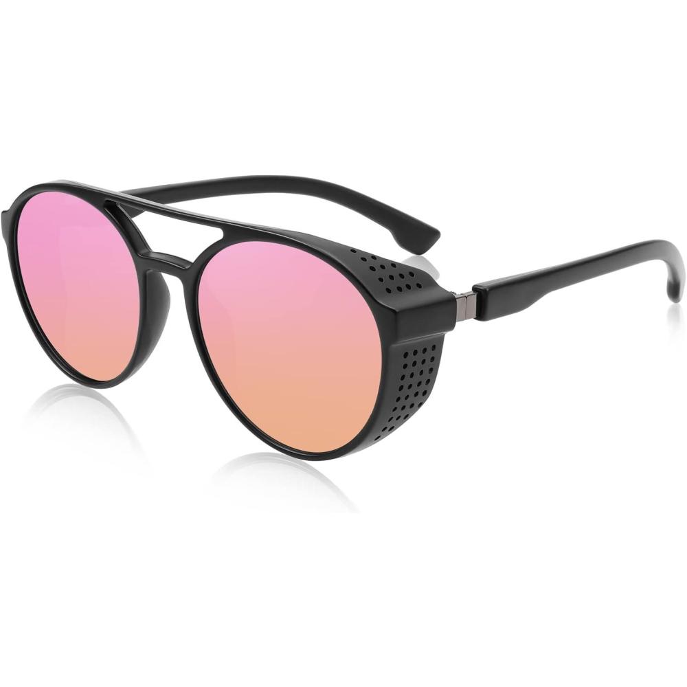 imageFEISEDY Classic Steampunk Sunglasses for Men Women Retro Round Gothic Shades Eyewear UV400 Protection B2957Pink Mirror Lens
