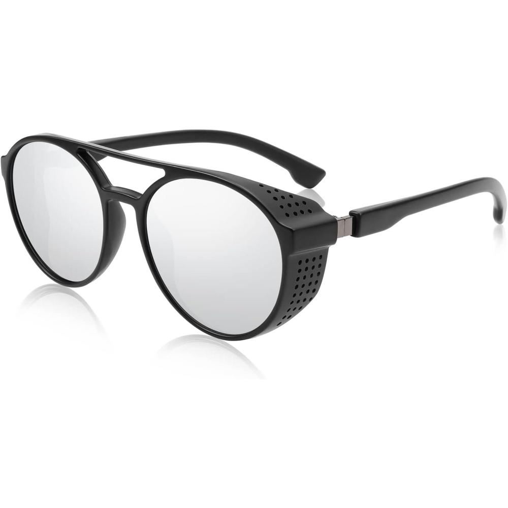 imageFEISEDY Classic Steampunk Sunglasses for Men Women Retro Round Gothic Shades Eyewear UV400 Protection B2957White Mirror Lens