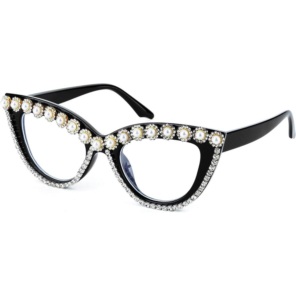 imageFEISEDY Diamond Blue Light Blocking Glasses Cat Eye Rhinestone Women Oversized Anti Eyestrain Computer Glasses Frame B2358Flower Diamond