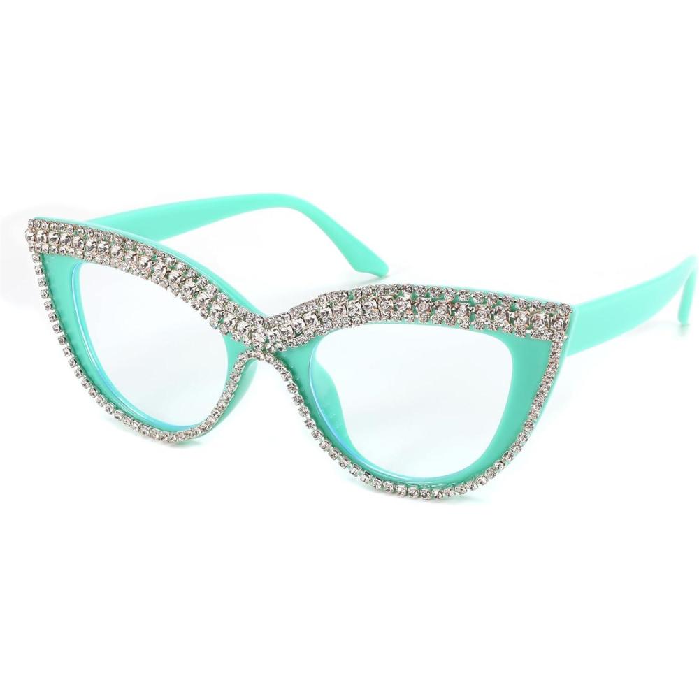imageFEISEDY Diamond Blue Light Blocking Glasses Cat Eye Rhinestone Women Oversized Anti Eyestrain Computer Glasses Frame B2358Green Blue Diamond