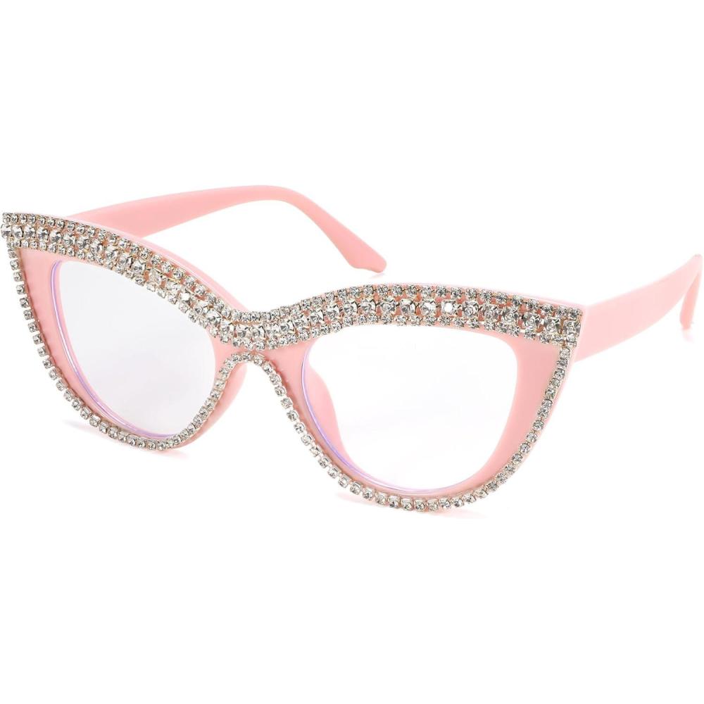 imageFEISEDY Diamond Blue Light Blocking Glasses Cat Eye Rhinestone Women Oversized Anti Eyestrain Computer Glasses Frame B2358Pink Diamond