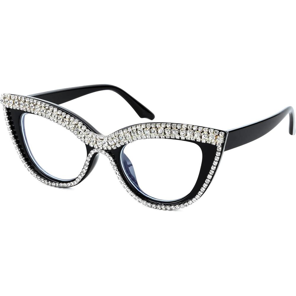 imageFEISEDY Diamond Blue Light Blocking Glasses Cat Eye Rhinestone Women Oversized Anti Eyestrain Computer Glasses Frame B2358Stripe Diamond