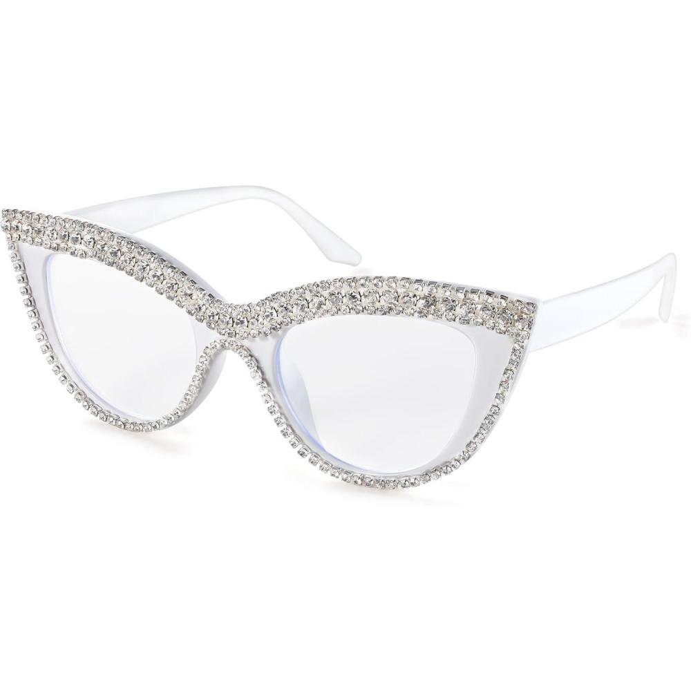imageFEISEDY Diamond Blue Light Blocking Glasses Cat Eye Rhinestone Women Oversized Anti Eyestrain Computer Glasses Frame B2358White Diamond