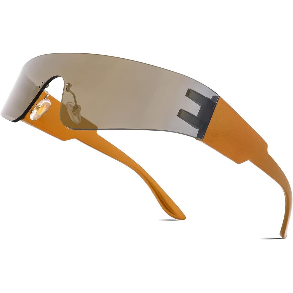 imageFEISEDY Futuristic Visor Punk Sunglasses Rimless One Piece Goggles Miorred Shades Women Men B2927Gold Mirrored