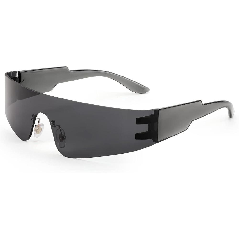 imageFEISEDY Futuristic Visor Punk Sunglasses Rimless One Piece Goggles Miorred Shades Women Men B2927Grey Mirrored