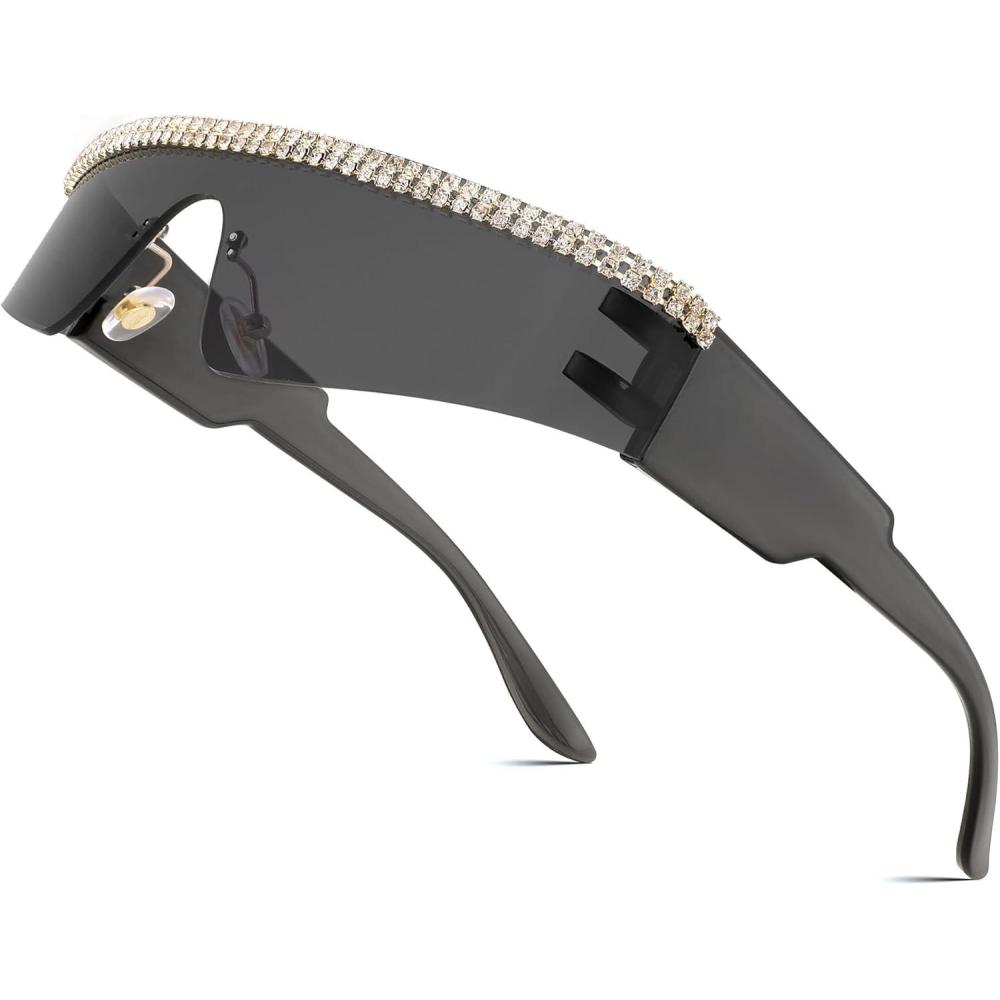 imageFEISEDY Futuristic Visor Punk Sunglasses Rimless One Piece Goggles Miorred Shades Women Men B2927Jeweled Frame Grey Lens 001