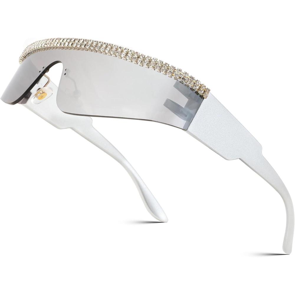 imageFEISEDY Futuristic Visor Punk Sunglasses Rimless One Piece Goggles Miorred Shades Women Men B2927Jeweled Frame Sliver Mirrored Lens 004