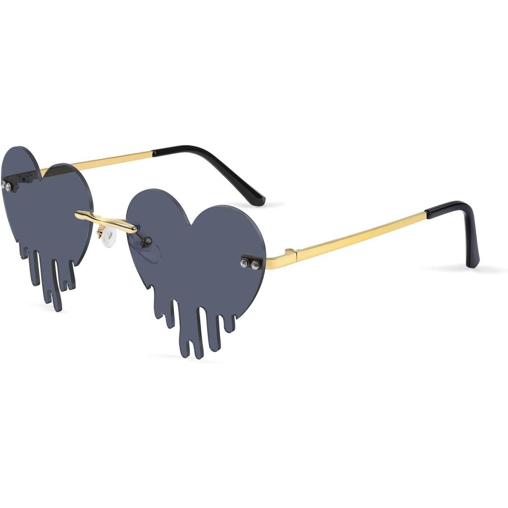imageFEISEDY Heart Sunglasses for Women Men Rimless Irregular Heart Shaped Metal Frame Party Halloween Colorful Glasses B4058Black