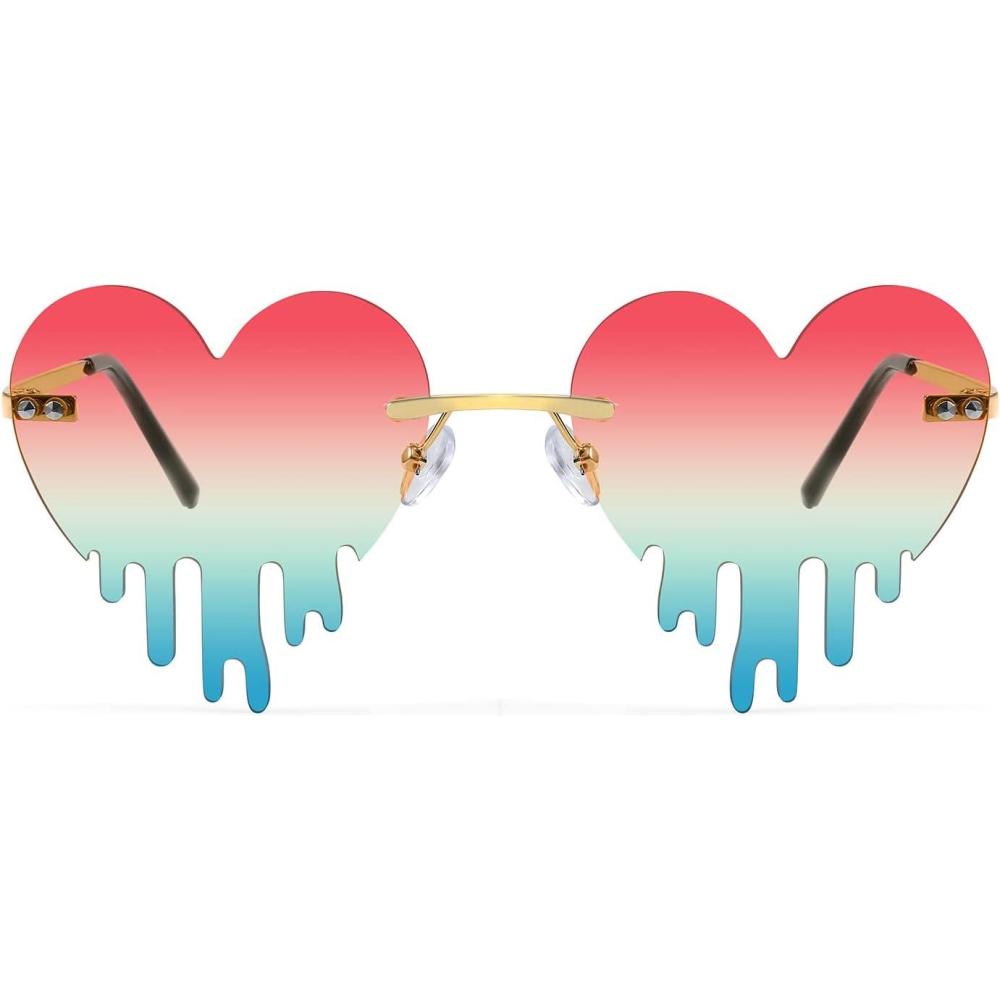 imageFEISEDY Heart Sunglasses for Women Men Rimless Irregular Heart Shaped Metal Frame Party Halloween Colorful Glasses B4058PinkGreen